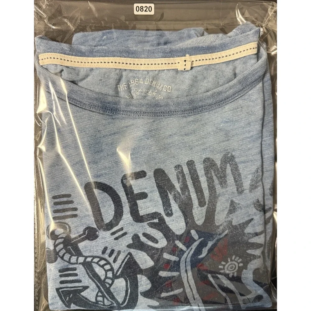 1984 Denim Co Blue Motorcycle Graphic T Shirt Mens Small Slub Cotton